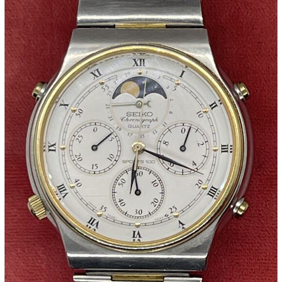 Vtg Seiko 7A48-7009 Watch Sports 100 Moonphase Original Bracelet Chronograph - Picture 5 of 12